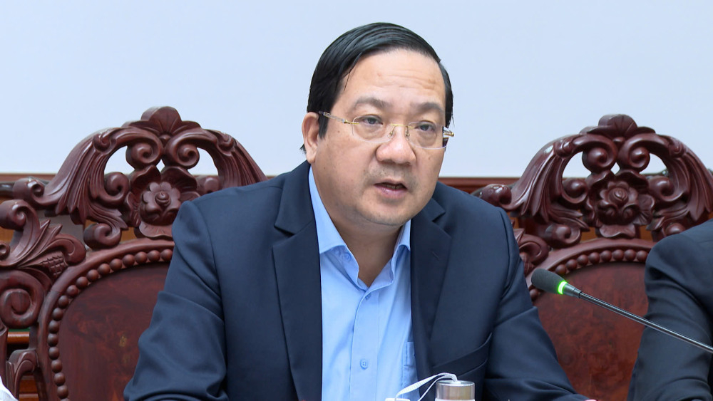 Ủy viên Ban Thường vụ Tỉnh ủy, Phó Chủ tịch UBND tỉnh Nguyễn Minh Lâm phát biểu tại buổi tiếp, chào xã giao Đoàn công tác của tỉnh Quảng Đông, Trung Quốc