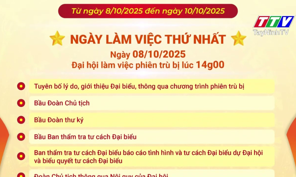 ĐHĐB Đảng bộ tỉnh Tây Ninh lần thứ I, chương trình ngày làm việc thứ nhất, ngày 08/10/2025