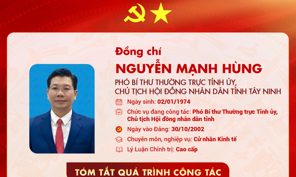 Tóm tắt quá trình công tác của Phó Bí thư Thường trực Tỉnh ủy, Chủ tịch Hội đồng nhân dân tỉnh Tây Ninh Nguyễn Mạnh Hùng