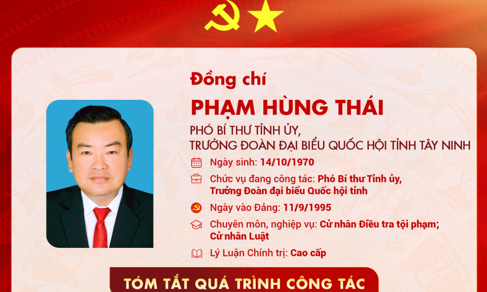 Tóm tắt quá trình công tác của Phó Bí thư Tỉnh ủy, Trưởng Đoàn đại biểu Quốc hội tỉnh Tây Ninh Phạm Hùng Thái