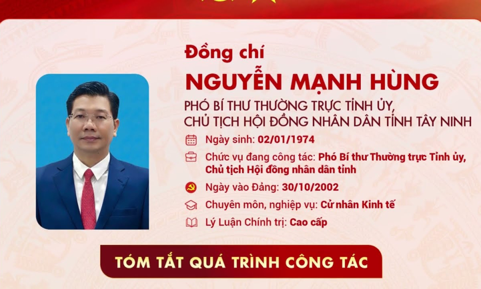 Tóm tắt quá trình công tác của Phó Bí thư Thường trực Tỉnh ủy, Chủ tịch Hội đồng nhân dân tỉnh Tây Ninh Nguyễn Mạnh Hùng