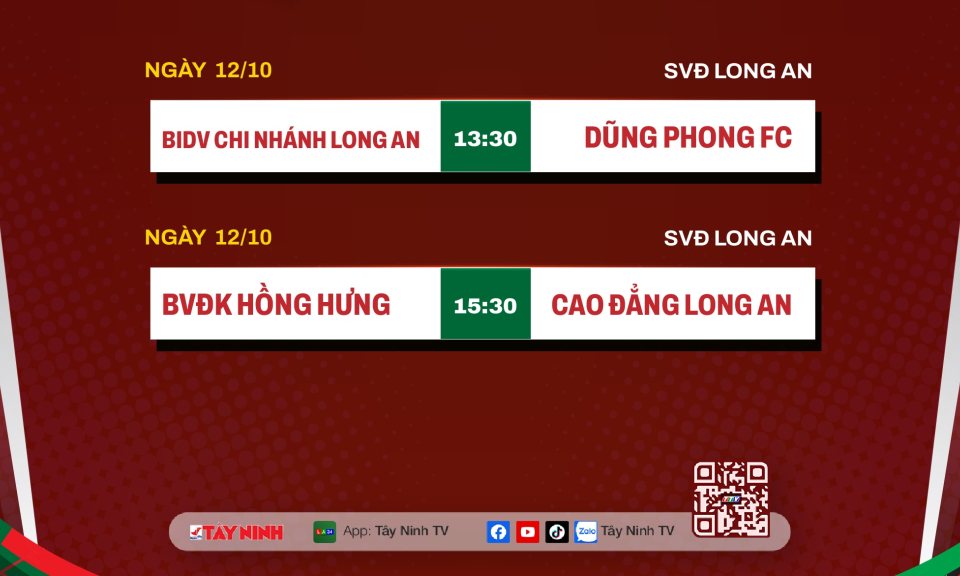 Lịch thi đấu ngày 12/10/2025, Giải Bóng đá Cúp Báo Tây Ninh lần thứ XV năm 2025