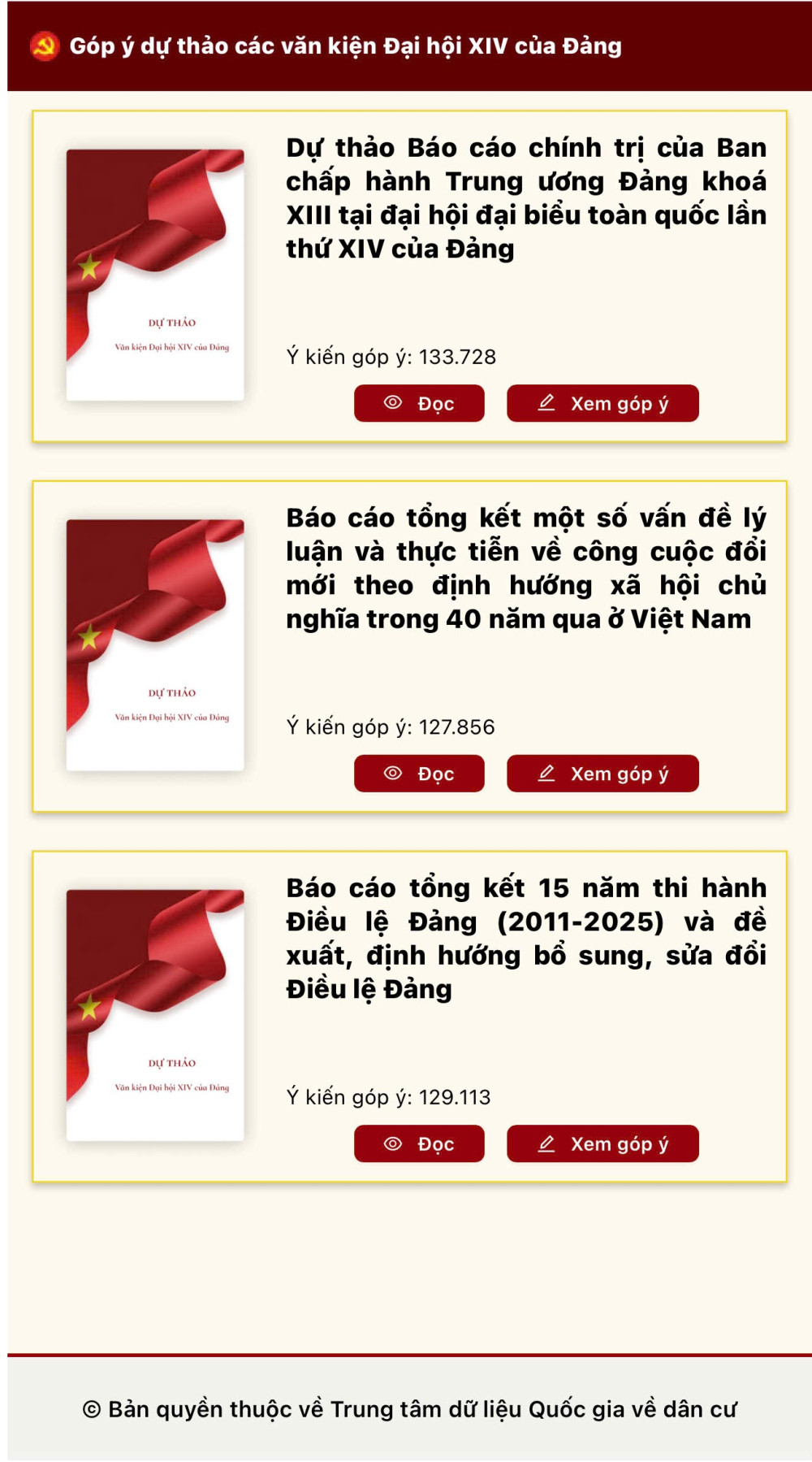 Giao diện đóng góp ý kiến vào dự thảo các văn kiện trình Đại hội XIV của Đảng qua ứng dụng VNeID