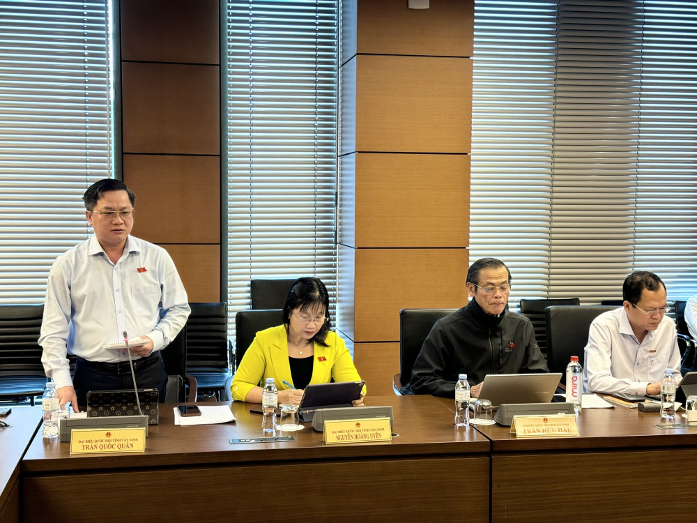 Đại biểu Trần Quốc Quân - Bí thư Đảng ủy xã Tân Lân, phát biểu tại buổi thảo luận tổ