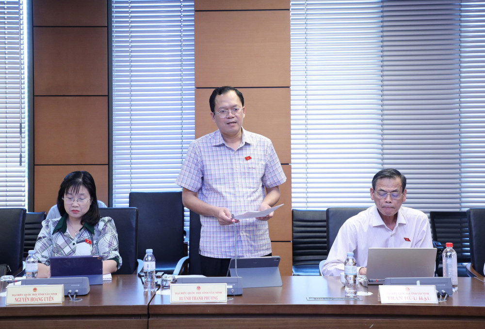 Đại biểu Huỳnh Thanh Phương - Phó Bí thư chuyên trách Đảng ủy các cơ quan Đảng tỉnh, phát biểu tại buổi thảo luận tổ