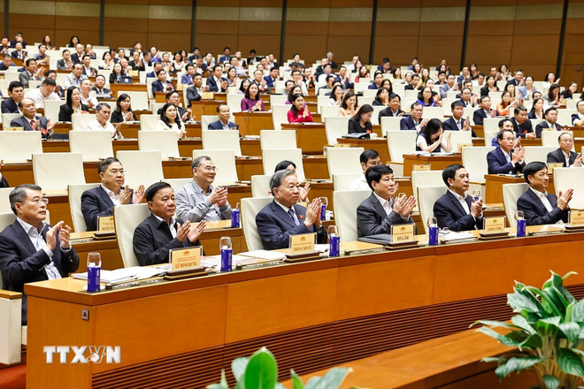 Tổng Bí thư Tô Lâm, Chủ tịch nước Lương Cường, các đồng chí lãnh đạo Đảng, Nhà nước và đại biểu dự hội nghị. (Ảnh: Doãn Tấn/TTXVN)