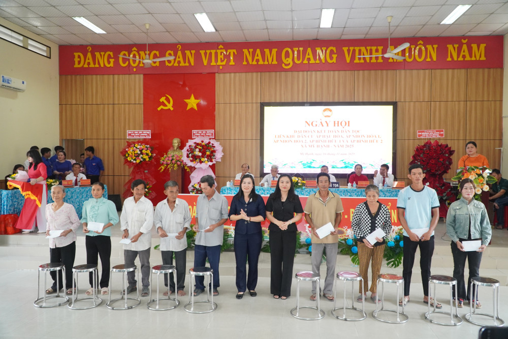 Phó Chủ tịch UBMTTQ Việt Nam tỉnh Lê Thị Cẩm Tú (thứ 5 từ phải qua) và lãnh đạo xã Mỹ Hạnh trao quà cho các hộ dân