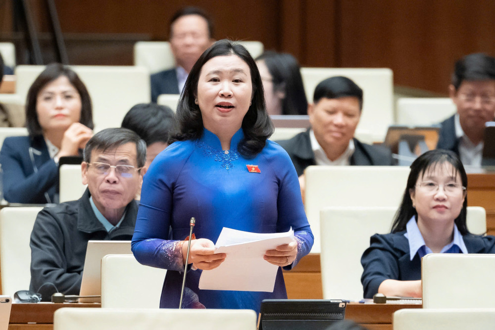 Đại biểu Lê Thị Song An - Phó Trưởng đoàn chuyên trách Đoàn đại biểu Quốc hội tỉnh phát biểu tại nghị trường