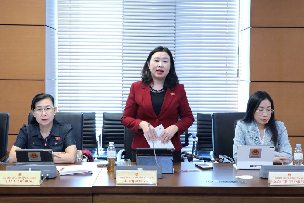 Đại biểu Lê Thị Song An - Phó Trưởng đoàn ĐBQH chuyên trách tỉnh phát biểu ý kiến tại Tổ thảo luận