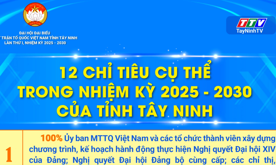 12 chỉ ti&ecirc;u cụ thể trong nhiệm kỳ 2025 - 2030 của Ủy ban MTTQ Việt Nam tỉnh T&acirc;y Ninh