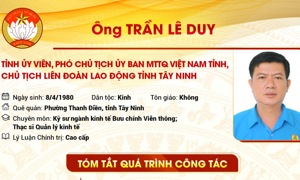 Tóm tắt quá trình công tác Tỉnh uỷ viên, Phó Chủ tịch Ủy ban MTTQ Việt Nam tỉnh, Chủ tịch Liên đoàn Lao động tỉnh Tây Ninh Trần Lê Duy