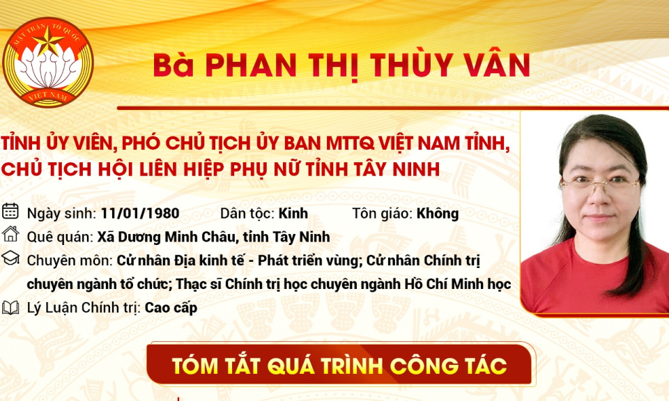 Tóm tắt quá trình công tác Tỉnh ủy viên, Phó Chủ tịch Ủy ban MTTQ Việt Nam tỉnh, Chủ tịch Hội Liên hiệp Phụ nữ tỉnh Tây Ninh Phan Thị Thùy Vân