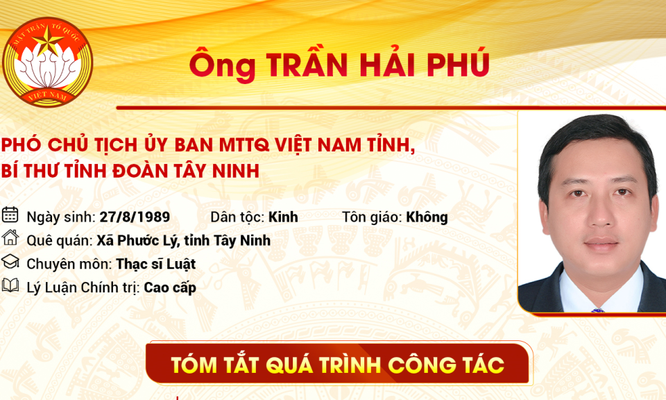 Tóm tắt quá trình công tác Phó Chủ tịch Ủy ban MTTQ Việt Nam tỉnh, Bí thư Tỉnh đoàn Tây Ninh Trần Hải Phú