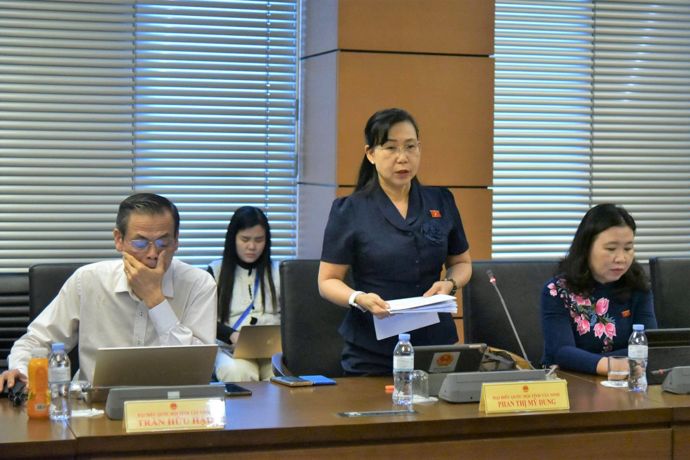 Đại biểu Phan Thị Mỹ Dung - Giám đốc Sở Tư pháp tỉnh Tây Ninh đóng góp ý kiến tại tổ thảo luận