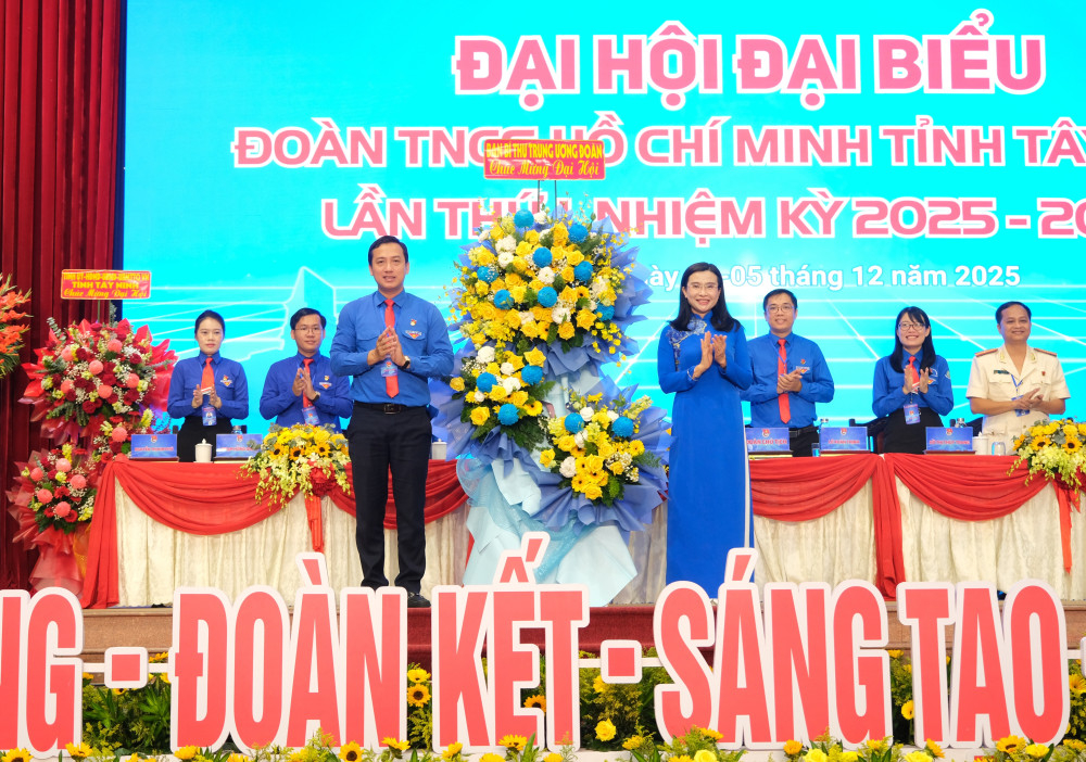 Bí thư Ban Chấp hành Trung ương Đoàn, Chủ tịch Hội đồng Đội Trung ương Nguyễn Phạm Duy Trang phát biểu và tặng hoa chúc mừng Đại hội