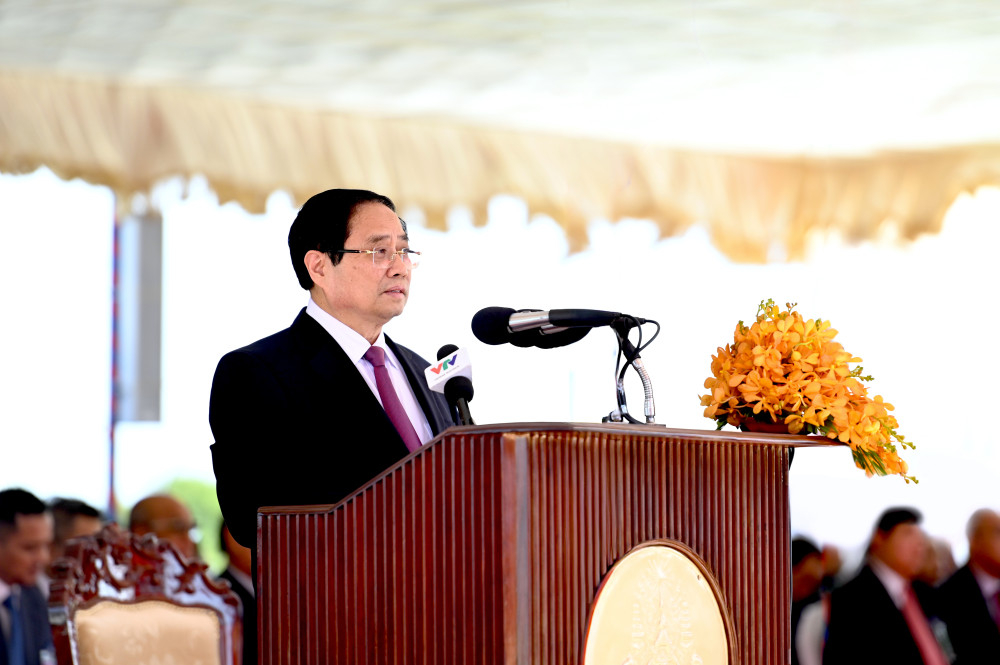 Thủ tướng Chính phủ Việt Nam Phạm Minh Chính phát biểu tại lễ khai trương cặp Cửa khẩu Quốc tế Tân Nam - Meun Chey 