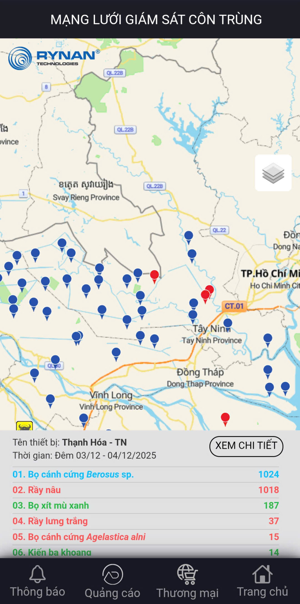 Giao diện mạng lưới giám sát côn trùng trên ứng dụng Rynan Mekong giúp nông dân cập nhật mật độ sâu, bệnh theo thời gian thực