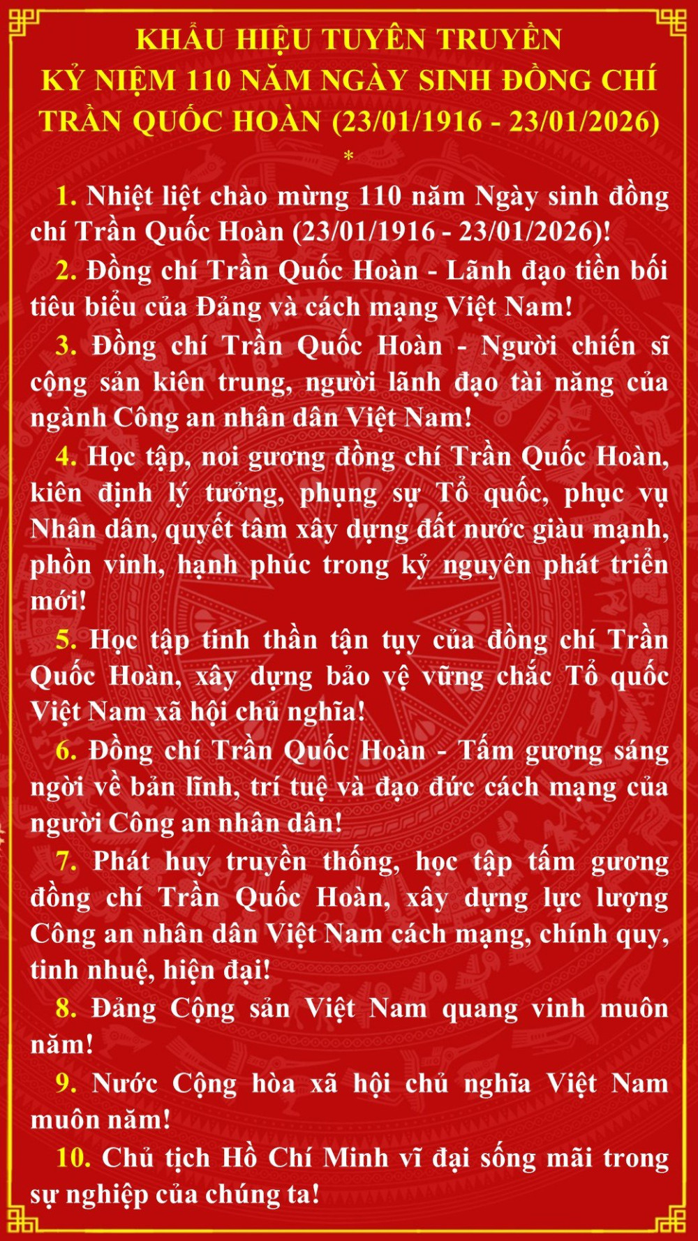 Khẩu hiệu tuyên truyền kỷ niệm 110 năm Ngày sinh đồng chí Trần Quốc Hoàn 