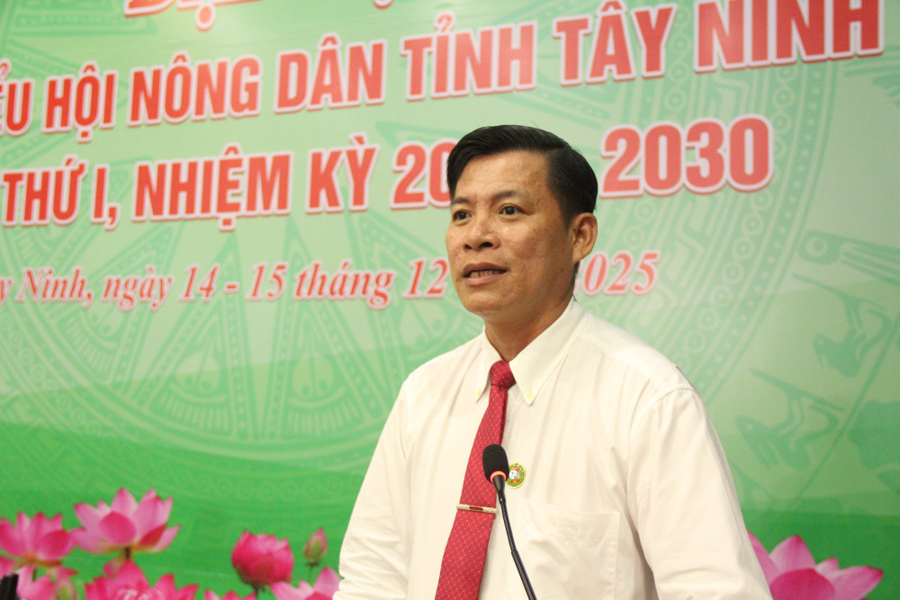 Phó Chủ tịch Hội Nông dân tỉnh Ngô Thanh Tuyền trình bày dự thảo báo cáo tổng kết công tác Hội và phong trào nông dân nhiệm kỳ 2023-2028 (giai đoạn 2023-2025); phương hướng, nhiệm vụ nhiệm kỳ 2025-2030