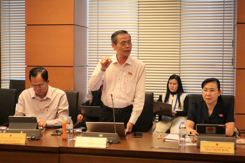 Đại biểu Trần Hữu Hậu - Phó Chủ tịch Thường trực Hiệp hội Doanh nghiệp tỉnh Tây Ninh phát biểu ý kiến đóng góp tại tổ thảo luận