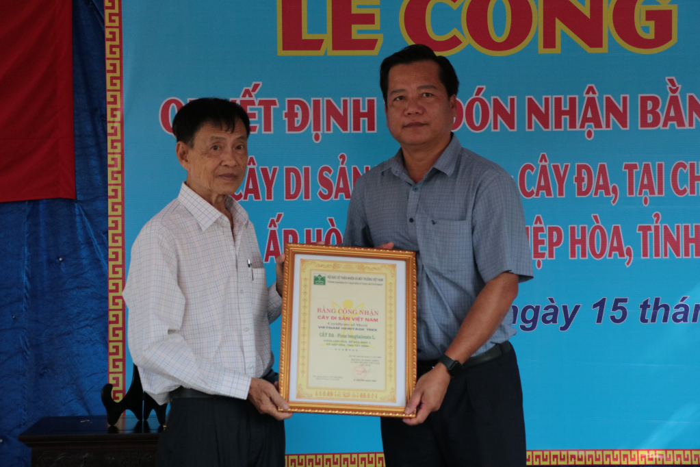 Chủ tịch Hội Sinh vật cảnh tỉnh Tây Ninh Nguyễn Văn Lộc (bìa trái) trao quyết định Công nhận Cây Di sản Việt Nam đối với cây đa tại chùa Linh Hòa