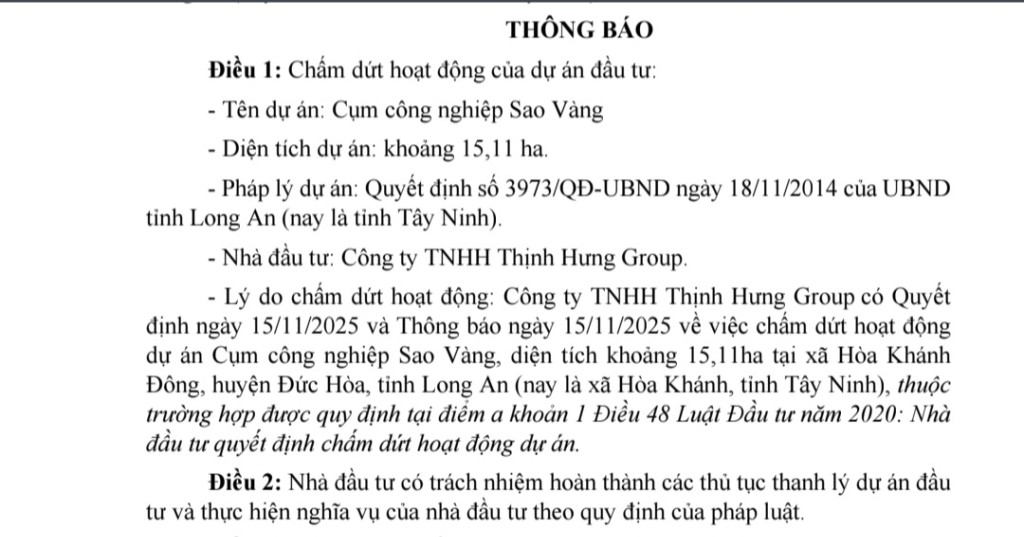Chấm dứt hoạt động dự &aacute;n Cụm c&ocirc;ng nghiệp Sao V&agrave;ng tại T&acirc;y Ninh