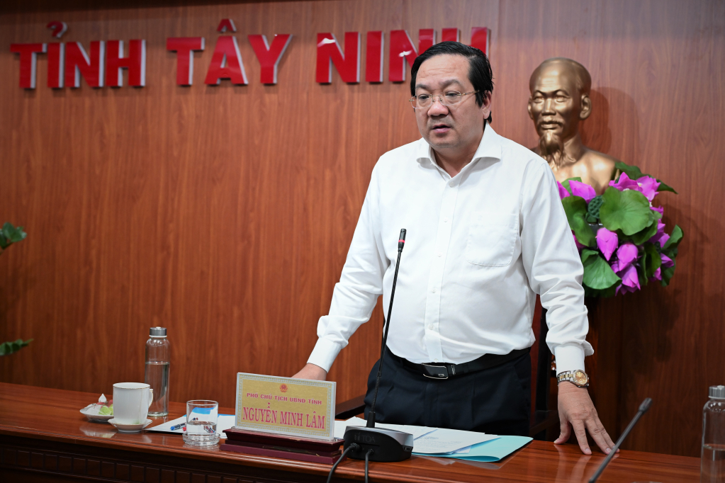 Ủy viên Ban Thường vụ Tỉnh ủy, Phó Chủ tịch UBND tỉnh Nguyễn Minh Lâm phát biểu tại cuộc họp