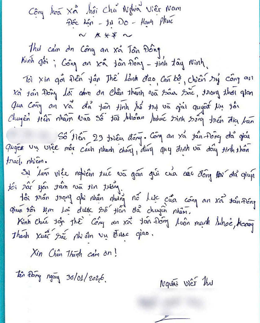 Thư cảm ơn gửi cán bộ, chiến sĩ Công an